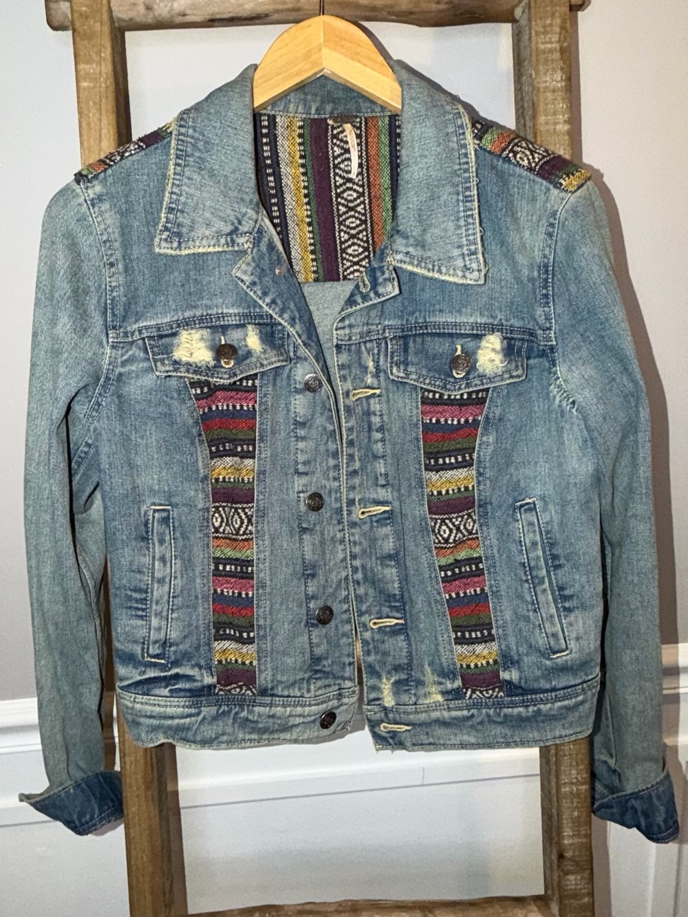 Free People Denim Jacket with Multicolor Woven Stripe Panels Size 6